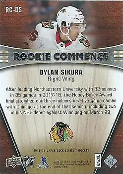 Hockey card featuring 2018-19 Upper Deck Rookie Commence Dylan Sikura Chicago Blackhawks