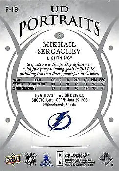 Mikhail Sergachev hockey card from 2018-19 Upper Deck UD Portraits series