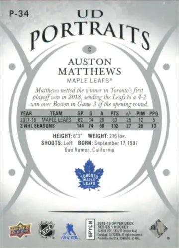 Hockey card back of 2018-19 Upper Deck UD Portraits Auston Matthews Toronto Maple Leafs