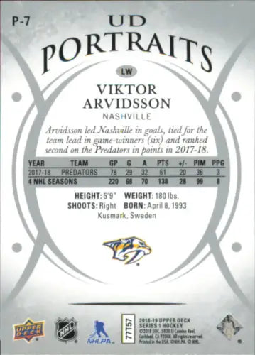 Viktor Arvidsson 2018-19 Upper Deck UD Portraits hockey card from Nashville Predators