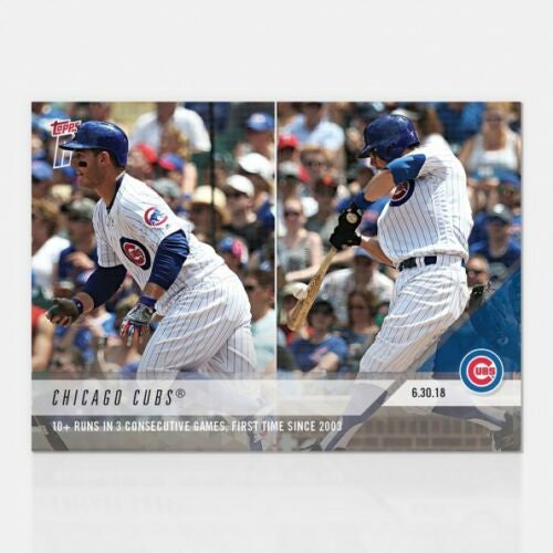 Baseball trading card of a Chicago Cubs player in pinstripe uniform at bat in consecutive games