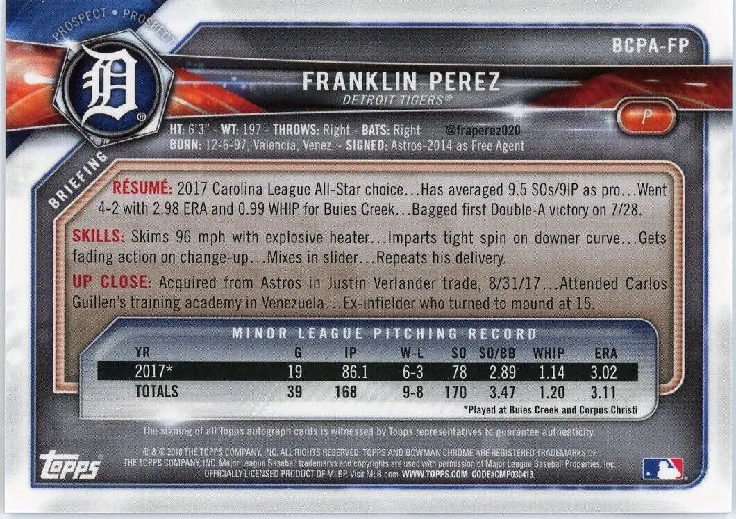 Back of 2018 Bowman Chrome Franklin Perez Autograph Detroit Tigers Baseball Card