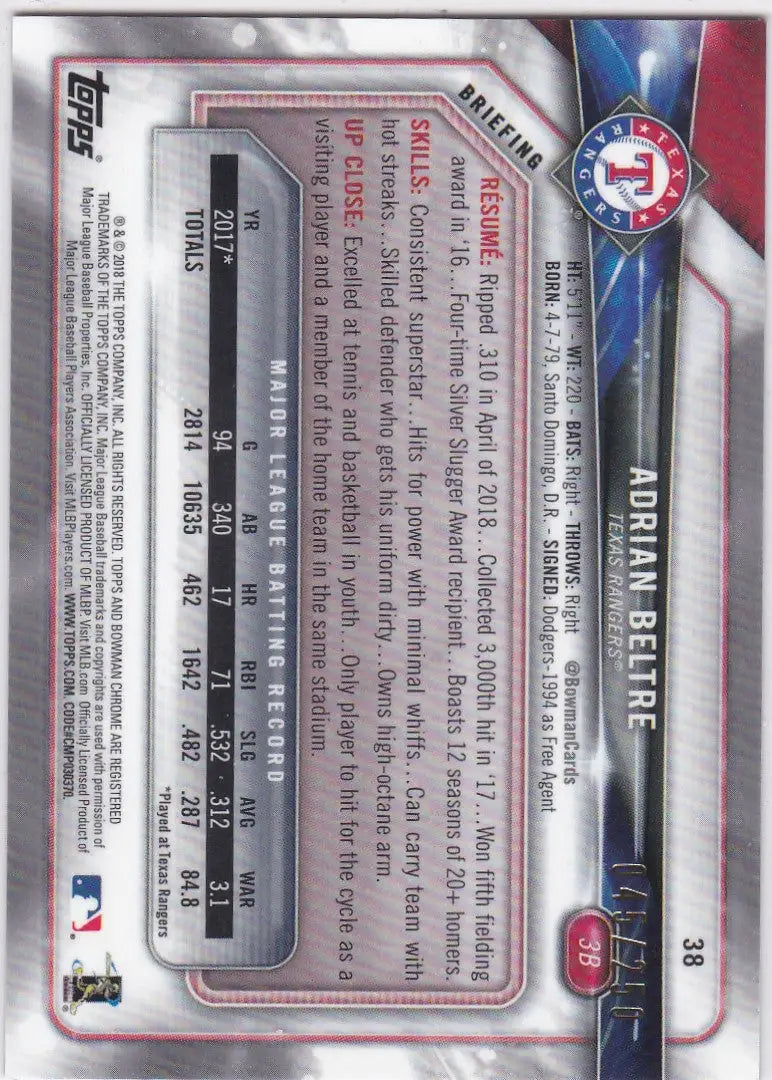 Baseball trading card featuring Adrian Beltre and Texas Rangers logo, Bowman Chrome Purple Refractor