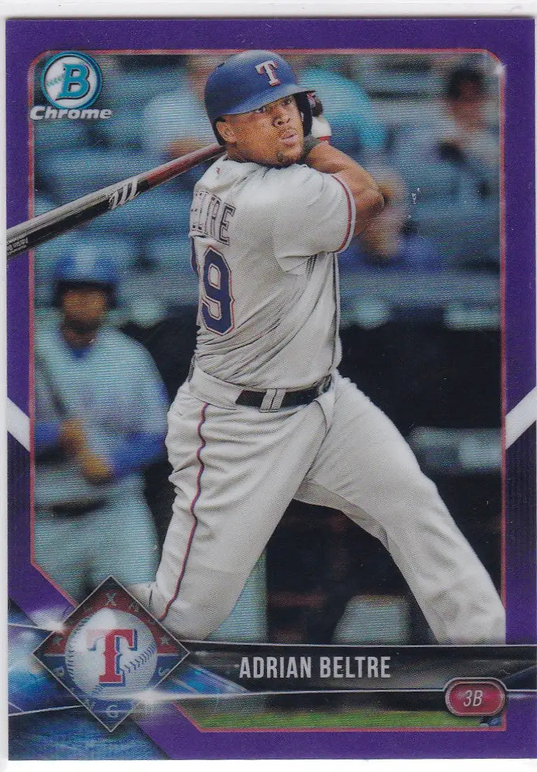 Baseball card of Adrian Beltre mid-swing from 2018 Bowman Chrome Purple Refractor