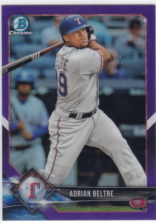 Baseball card of Adrian Beltre mid-swing from 2018 Bowman Chrome Purple Refractor