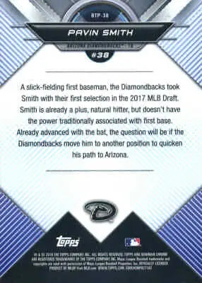 Back of 2018 Bowman Chrome Scouts Top 100 #BTP38 Pavin Smith Arizona Diamondbacks card