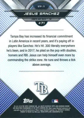 Baseball card back of 2018 Bowman Chrome Scouts Top 100 Jesus Sanchez Tampa Bay Rays