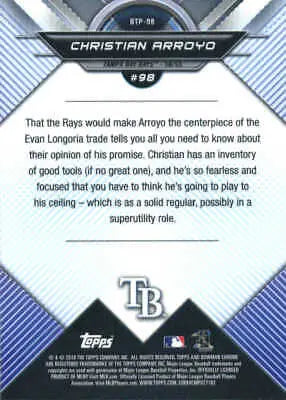 Baseball card back of 2018 Bowman Chrome Scouts Top 100 Christian Arroyo Tampa Bay Rays