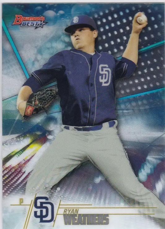 Baseball player Ryan Weathers San Diego mid-pitch in 2018 Bowmans Best Prospects card