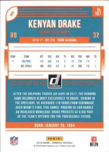 2018 Donruss #167 Kenyan Drake Miami Dolphins NFL Football Card NM-MT