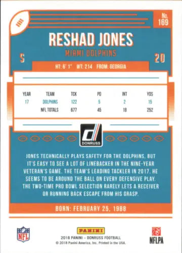 2018 Donruss #169 Reshad Jones Miami Dolphins NFL Football Card NM-MT