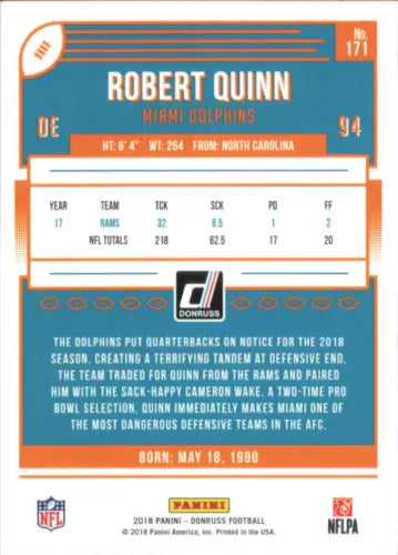 Robert Quinn Miami Dolphins NFL Football Card from 2018 Donruss #171 NM-MT