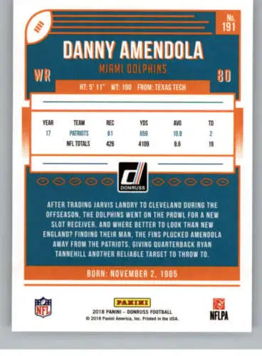 2018 Donruss #191 Danny Amendola NM-MT Dolphins football card with original gloss quality