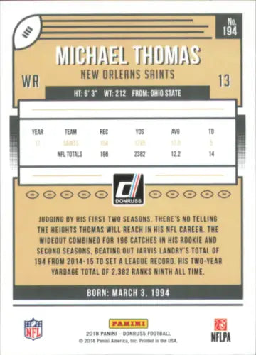 Michael Thomas 2018 Donruss #194 Football Card New Orleans Saints NFL collectible