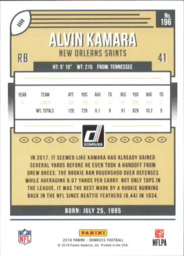 Alvin Kamara 2018 Donruss #196 New Orleans Saints NFL Football Card NM-MT