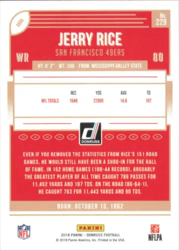 Jerry Rice 2018 Donruss #229 NFL Football Card featuring San Francisco 49ers legend