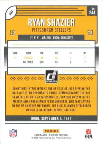 Ryan Shazier Pittsburgh Steelers NFL Football Card from 2018 Donruss #244 NM-MT