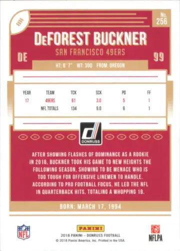 DeForest Buckner 2018 Donruss football card featuring San Francisco 49ers star player