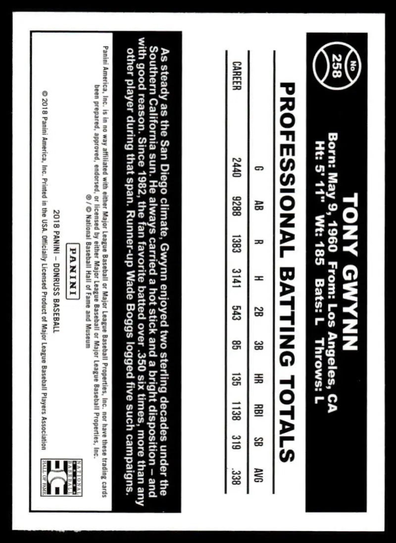 Tony Gwynn batting totals statistics card from the 2018 Donruss San Diego Padres set