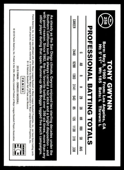 Tony Gwynn batting totals statistics card from the 2018 Donruss San Diego Padres set