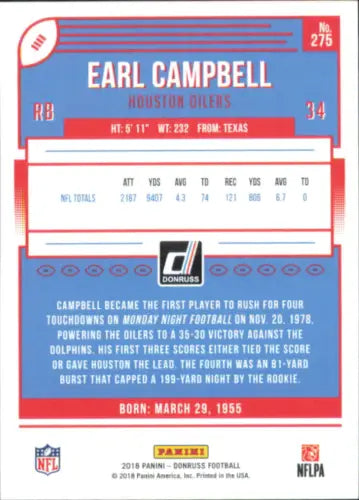 Earl Campbell Houston Oilers football card from 2018 Donruss #275 in NM-MT condition