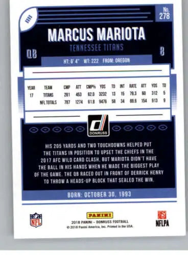 Football trading card of Marcus Mariota with original gloss and stats for Titans fans