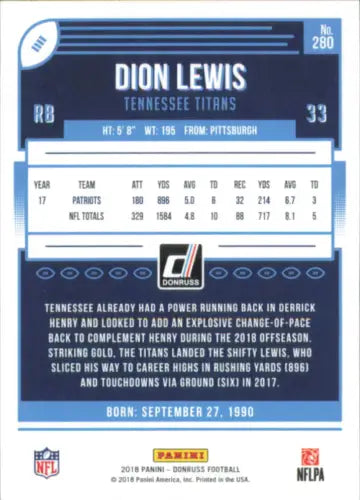 Dion Lewis Tennessee Titans football card from 2018 Donruss #280 NM-MT condition