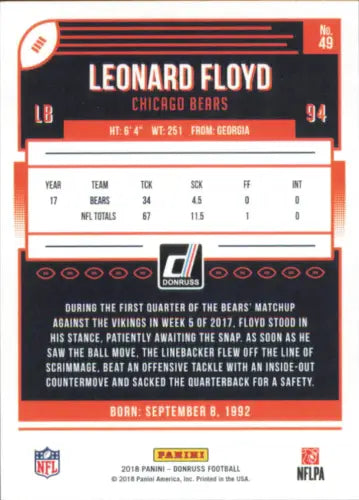 Leonard Floyd Chicago Bears NFL Football Card 2018 Donruss #49 in NM-MT condition