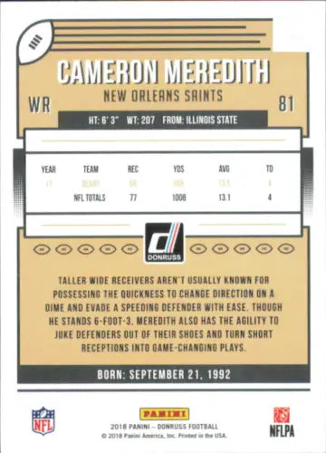 Cameron Meredith New Orleans Saints football card from 2018 Donruss NFL collection