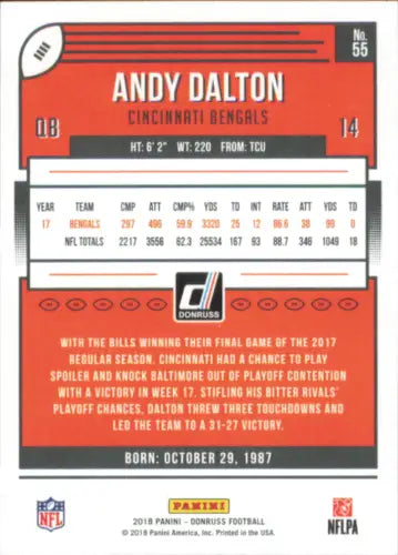 2018 Donruss #55 Andy Dalton Cincinnati Bengals NFL Football Card NM-MT collectible