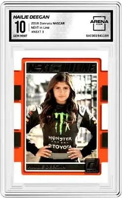 Hailie Deegan trading card from 2018 Donruss NASCAR #NEXT 3 NEXT in Line Racing AC 10