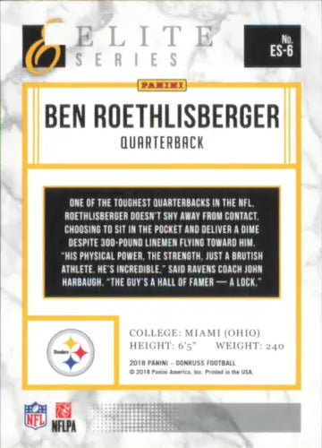 Ben Roethlisberger Pittsburgh Steelers Elite Series 6 football card from 2018 Donruss