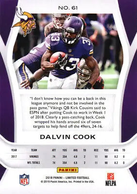 Dalvin Cook Minnesota Vikings 2018 Limited #61 Football Card in VG condition