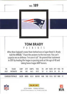 Tom Brady 2018 Panini #189 NFL Football Card New England Patriots NM-MT