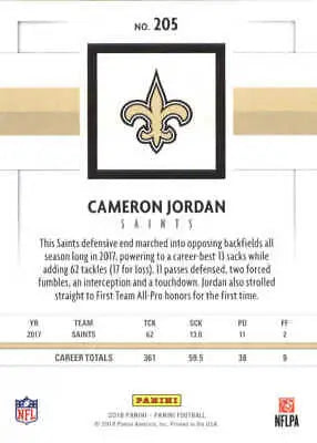 Cameron Jordan 2018 Panini #205 football card New Orleans Saints NFL collectible