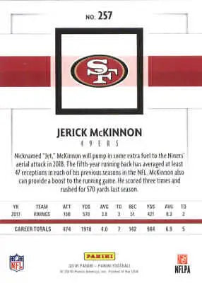 Jerrick McKinnon 2018 Panini card featuring San Francisco 49ers NFL player