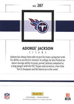 Adoree Jackson Tennessee Titans NFL football card from 2018 Panini #287 in NM-MT condition