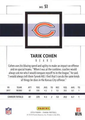 Tarik Cohen Chicago Bears NFL football card from 2018 Panini #51, NM-MT condition