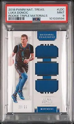 Luka Doncic 2018 Panini National Treasures Rookie Triple Materials Trading Card PSA 9