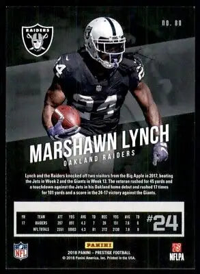 Marshawn Lynch 2018 Panini Prestige football card featuring Oakland Raiders #80 design