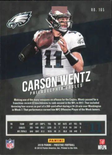 Carson Wentz Philadelphia Eagles football card 2018 Prestige #165 NM-MT condition