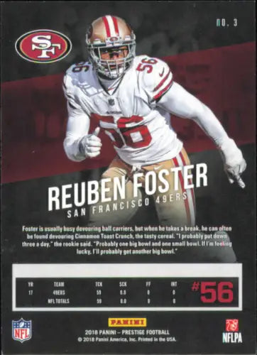 Reuben Foster San Francisco 49ers football card from 2018 Prestige, NM-MT condition