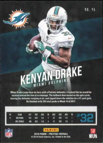 2018 Prestige #45 Kenyan Drake Miami Dolphins NFL Football Card NM-MT for collectors