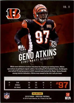 Geno Atkins Cincinnati Bengals NFL football card 2018 Prestige #9 in NM-MT condition