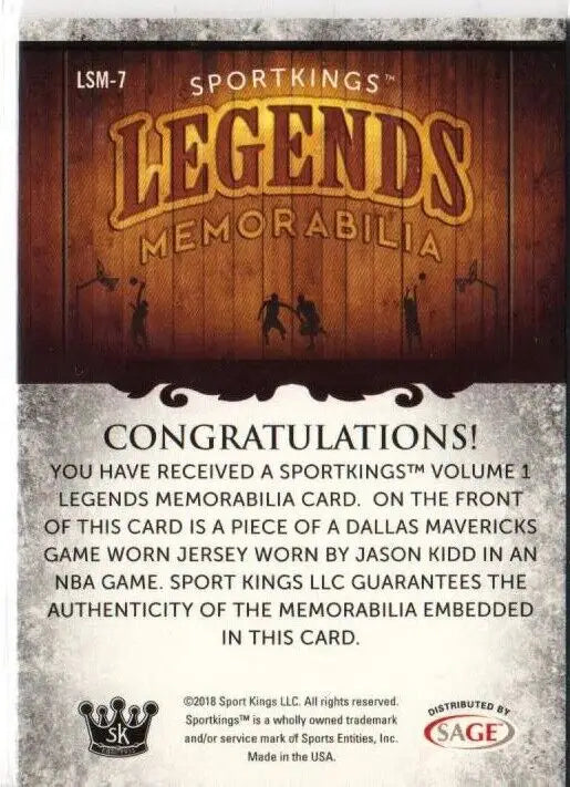 Sport Kings Legends Jason Kidd trading card with Dallas Mavericks jersey material