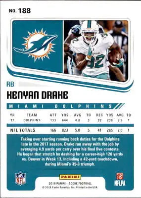 Kenyan Drake Miami Dolphins NFL football card from 2018 Score #188, NM-MT condition