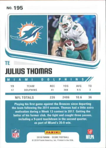 Julius Thomas Miami Dolphins NFL Football Card 2018 Score #195 NM-MT grade