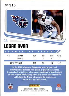 Logan Ryan Tennessee Titans NFL Football Card 2018 Score #315 in NM-MT condition