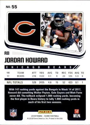 Jordan Howard Chicago Bears football card from 2018 Score #55 in NM-MT condition