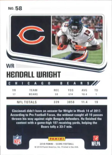 Kendall Wright Chicago Bears NFL Football Card 2018 Score #58 in NM-MT condition